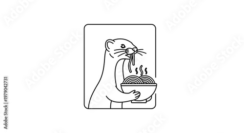 Cute Weasel Eating Noodles with Chopsticks - Line Art Illustration
