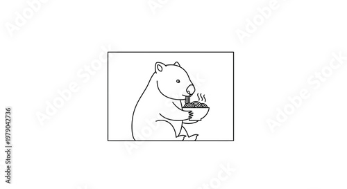 Cute Wombat Eating Noodles From Bowl, Hand-Drawn Illustration