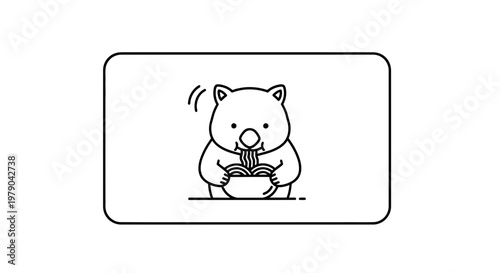 Cute Wombat Eating Noodles from Bowl, Line Art Illustration, Kawaii Animal Character