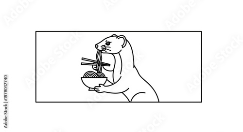 Cute Weasel Eating Noodles with Chopsticks - Line Art Illustration