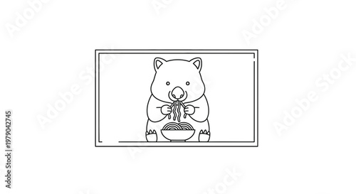 Cute Wombat Eating Noodles from Bowl, Line Art Illustration