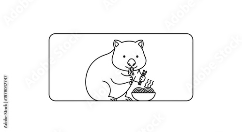 Cute Wombat Eating Noodles with Chopsticks, Funny Animal Illustration