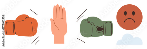 Conflict resolution, nonviolence advocacy, emotional expression, communication, self-defense, problem-solving. Boxing gloves, stop hand gesture sad face. Conflict resolution and nonviolence advocacy
