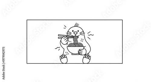 Cute cartoon mole eating noodles with chopsticks, funny animal illustration