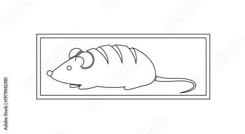 Cute cartoon mouse illustration in a rectangular frame, simple line art, black and white drawing