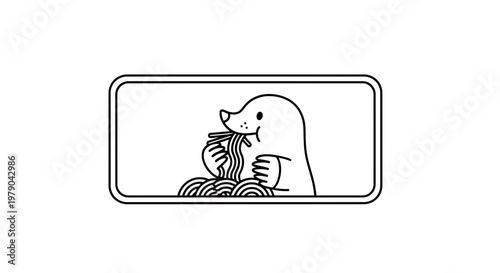 Cute cartoon mole eating spaghetti noodles with chopsticks, black and white line art
