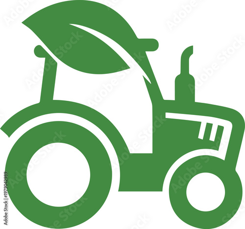 Stylized green tractor with an integrated leaf design, embodying sustainable agriculture, ecological farming, and environmentally conscious cultivation practices