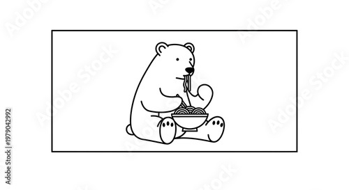 Cute cartoon polar bear eating noodles with chopsticks, simple line art illustration