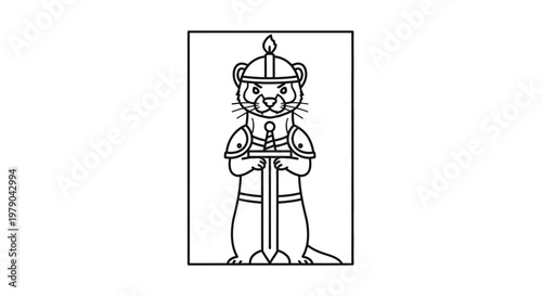 Cute Cartoon Otter Knight Warrior Holding Sword, Medieval Armor, Fantasy Character