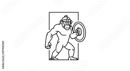 Cartoon Gorilla Warrior with Helmet and Shield, Line Art Illustration