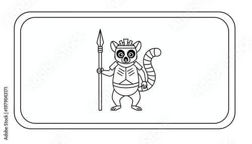 Cartoon Lemur Warrior Holding Spear, Black and White Outline