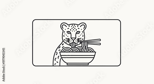 Cheetah Eating Noodles with Chopsticks, Line Art Illustration
