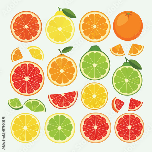 Colorful illustrated citrus fruits in a bright, vector-style arrangement