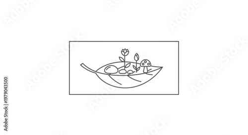 Whimsical Miniature Garden Scene Inside a Leaf with Mushroom and Flowers