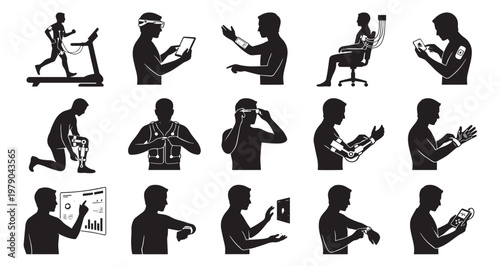 Biohacking and Human Optimization Silhouettes Set Pack. Editable Vector Stroke Illustration. featuring  silhouette, vector, illustration, technology, wearable, health, monitor more silhouettes.