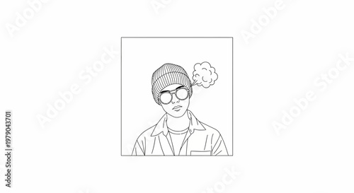 Young Man Wearing Beanie and Glasses, Thinking, Exhaling Smoke or Steam