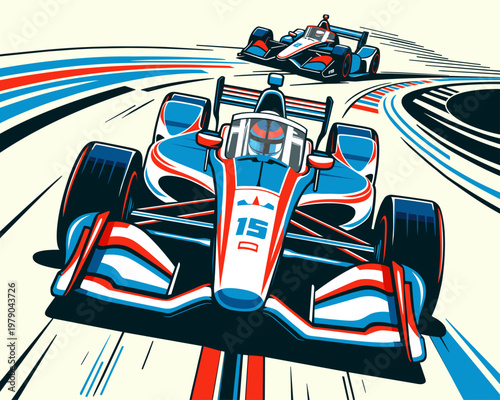 Indy car bolides going fast turning at the corner