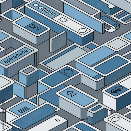 A futuristic digital illustration of various interface elements.