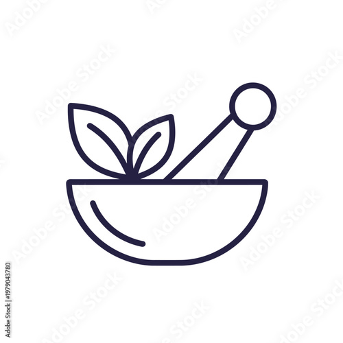 A mortar and pestle with leaves represents herbal medicine and natural remedies.