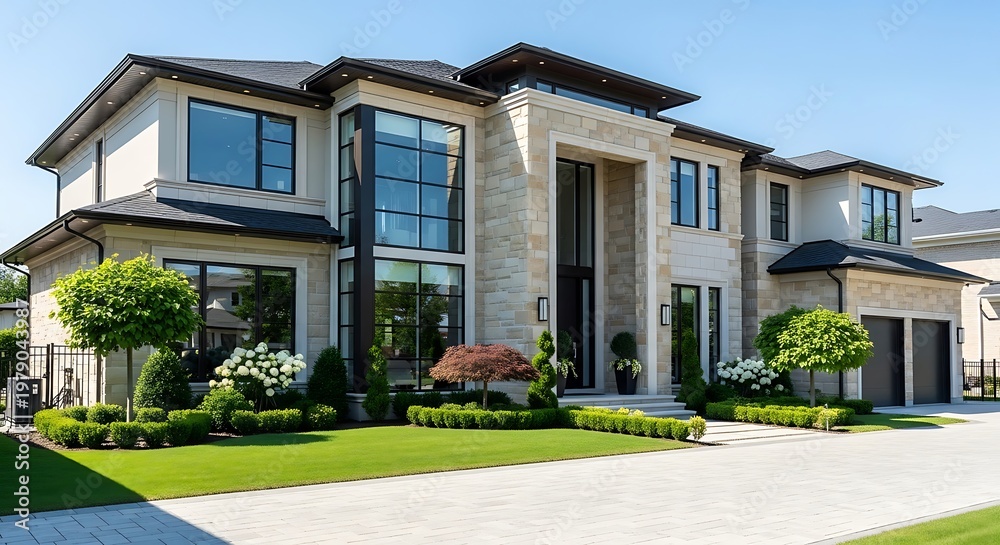 Fototapeta premium A grand luxury mansion featuring a blend of stone masonry and modern glass windows, set against a pristine lawn with expert topiary landscaping and a wide paved driveway.