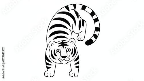 A minimalist black and white illustration of a tiger crouching down