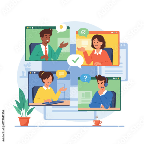 Colorful illustration of people in a video conference with speech bubbles