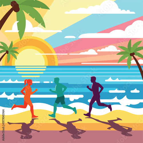 Colorful illustration of runners on beach during sunrise with palm trees