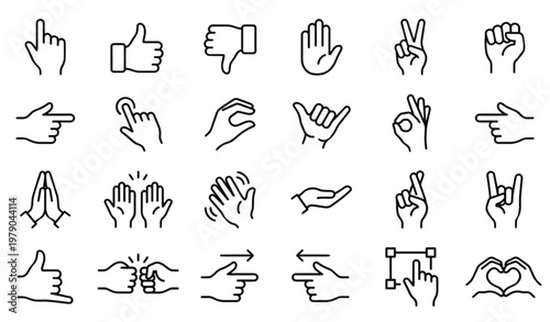 A set of various hand gestures illustrated in a minimalist line art style