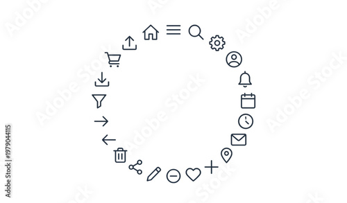 A circular vector graphic of various icons and symbols for web and mobile design