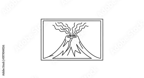 Volcano Eruption Line Art Icon: Active Mountain with Smoke and Lava Flow