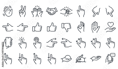 A set of various hand gesture icons in a minimalist line art style