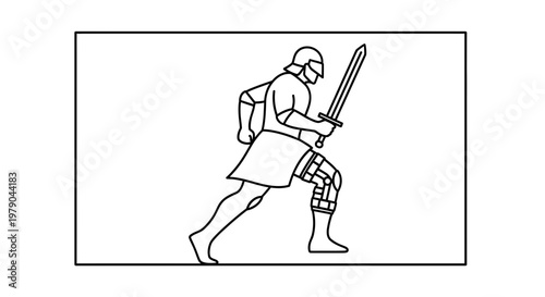 Warrior Running with Sword, Ancient Soldier, Battle Ready, Dynamic Pose, Line Art