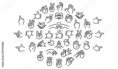 A collection of hand gestures and signs in a circular pattern