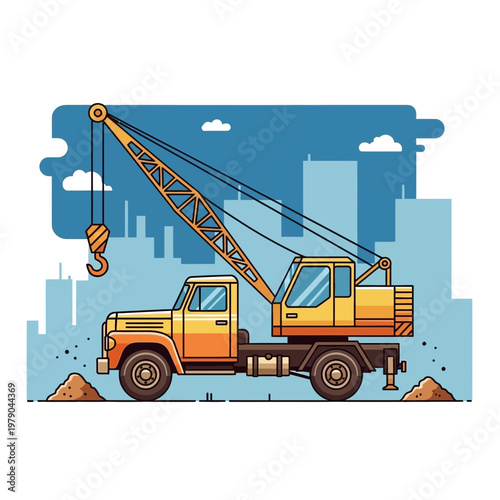 Construction crane truck on a building site with city skyline background