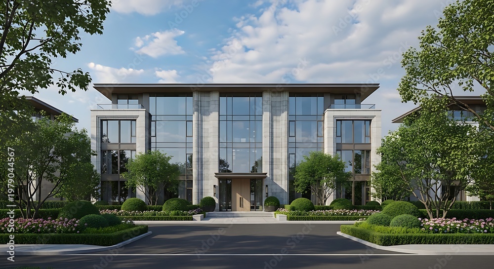 Fototapeta premium A grand multi-story luxury residence features a glass-heavy facade and concrete pillars, surrounded by lush gardens, spherical topiaries, and a spacious paved entrance.