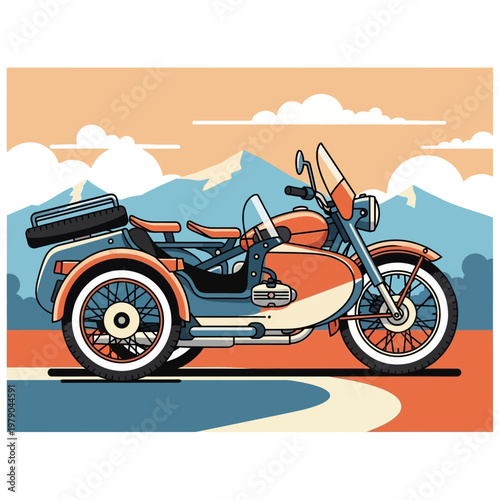 Vintage motorcycle with sidecar, retro travel, scenic mountain landscape
