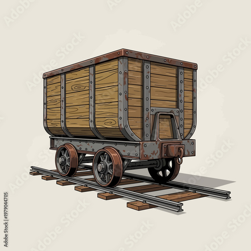 Vintage wooden mine cart on railway tracks, industrial transport