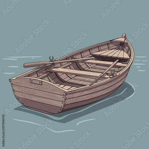 Wooden rowboat floating on calm water, vintage style