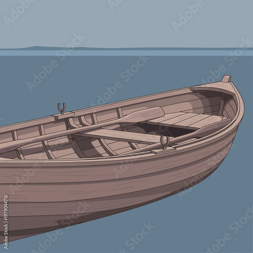 Wooden rowboat floating on calm blue water with distant land