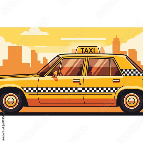 Yellow taxi cab with checkered pattern in front of city skyline