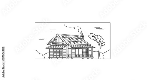 Rustic Log Cabin with Smoking Chimney in a Natural Landscape