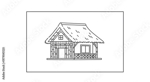Rustic Thatched Hut with Wooden Walls and Veranda - Line Art Illustration