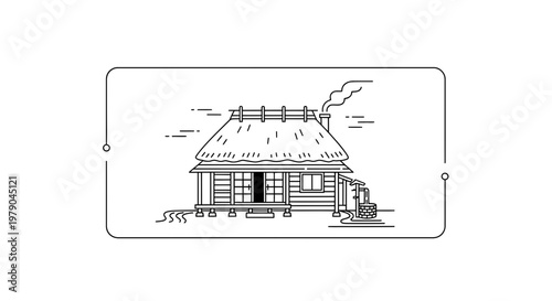 Rustic Thatched Roof Cabin with Smoking Chimney, Traditional Rural Dwelling