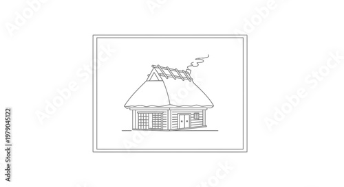 Rustic Thatched Roof Cabin Line Drawing with Chimney Smoke