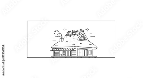 Rustic Thatched Roof House with Chimney Smoke and Wooden Structure