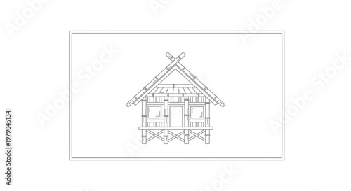 Rustic Wooden Hut Outline Icon on White Background