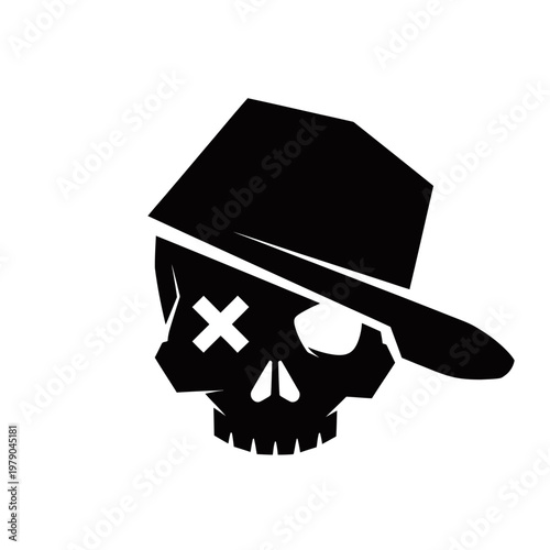 A black stylized skull wearing a baseball cap with an 'X' for one eye, on a white background, presented as a graphic design.
