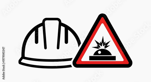 Construction safety helmet and hazard warning sign symbol for workplace safety protocols