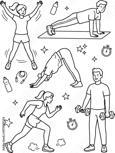 Black and white EPS illustration of adults performing fitness exercises, including jumping jacks, push-ups, stretching, running, and weight training in clean line art style.