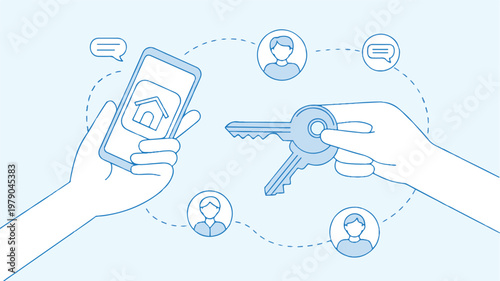 A minimalist line art illustration of a person handing over a key and a smartphone with a house icon to another person surrounded by network icons.